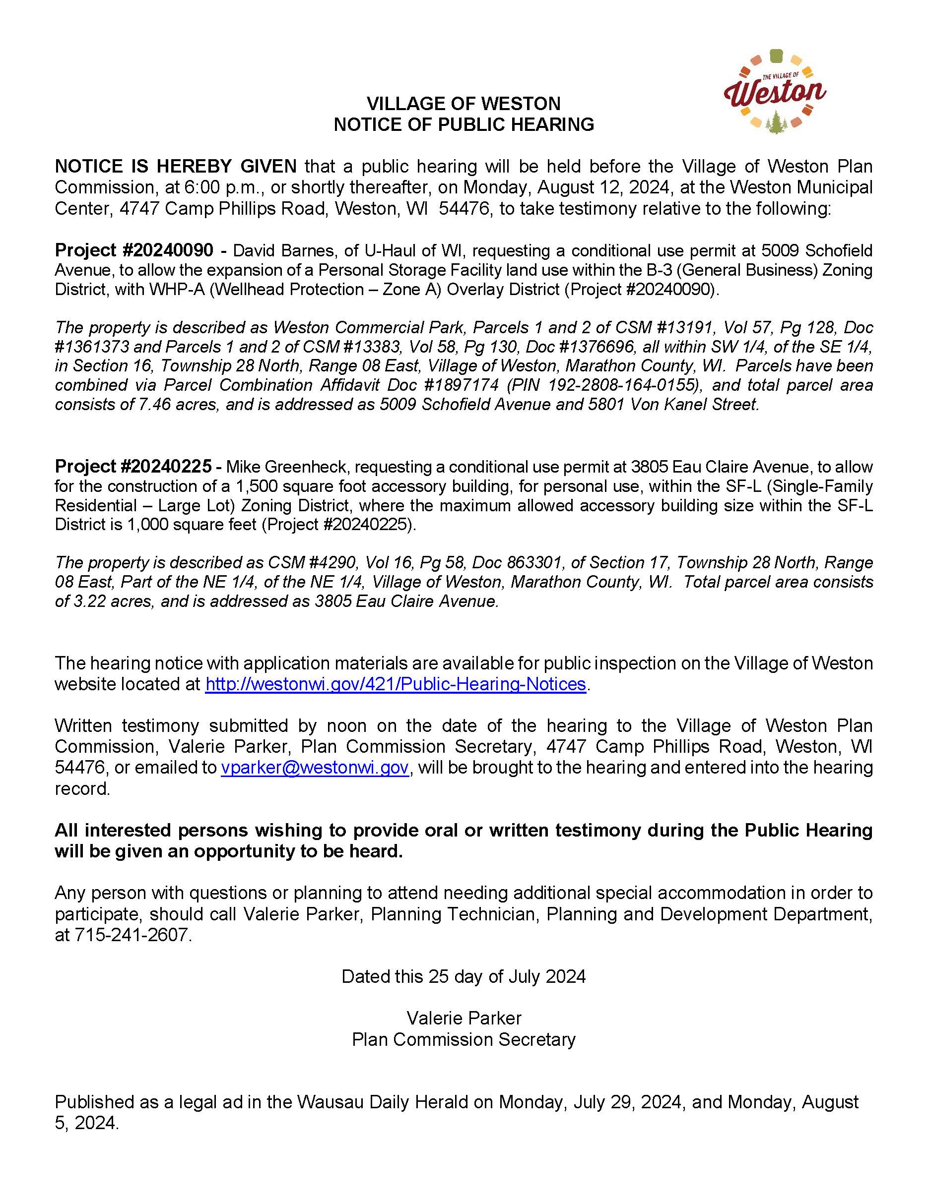 08-12-24 Hearing Notice Village - Conditional Use U-Haul and Greenheck