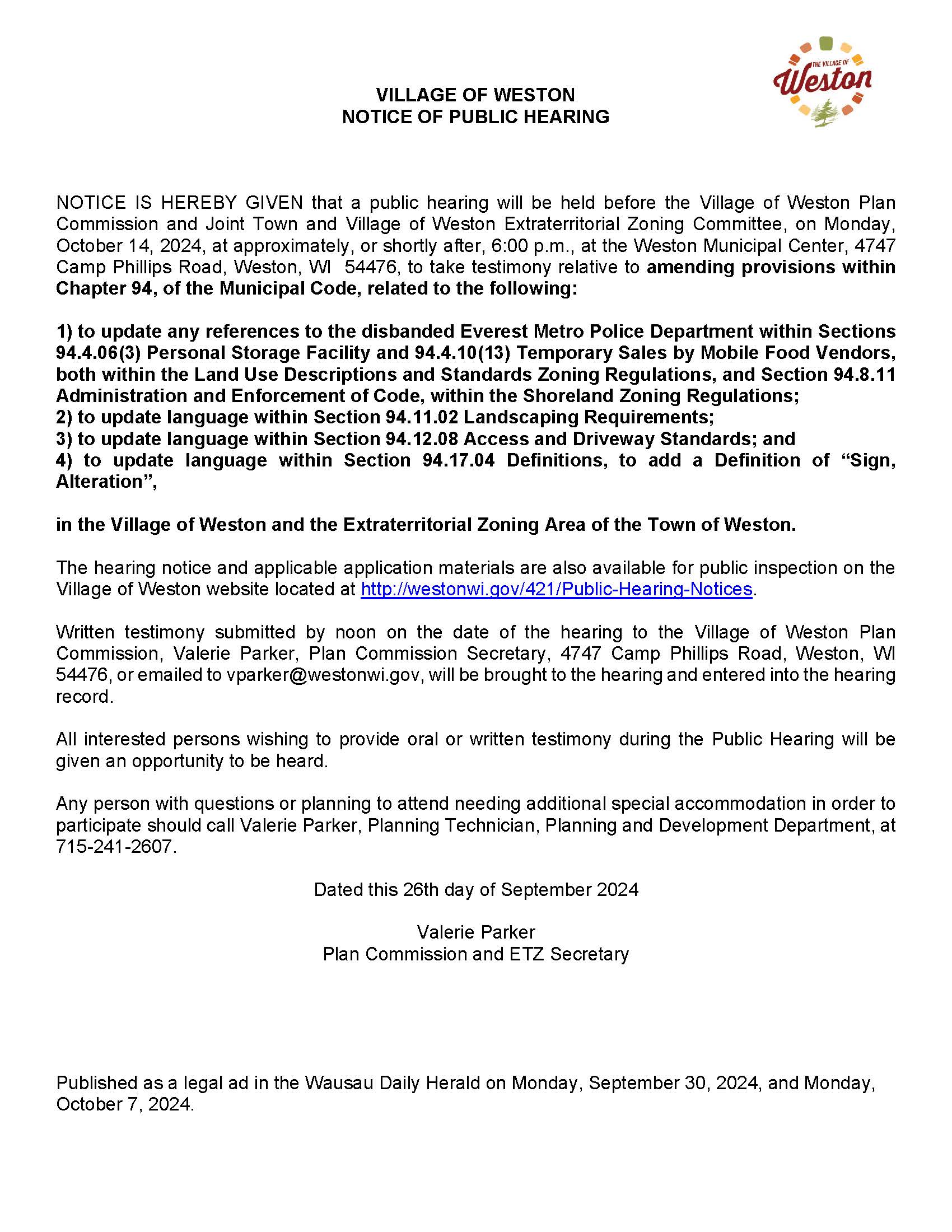 10-14-24 Hearing Notice Village PC ETZ Zoning Amendments
