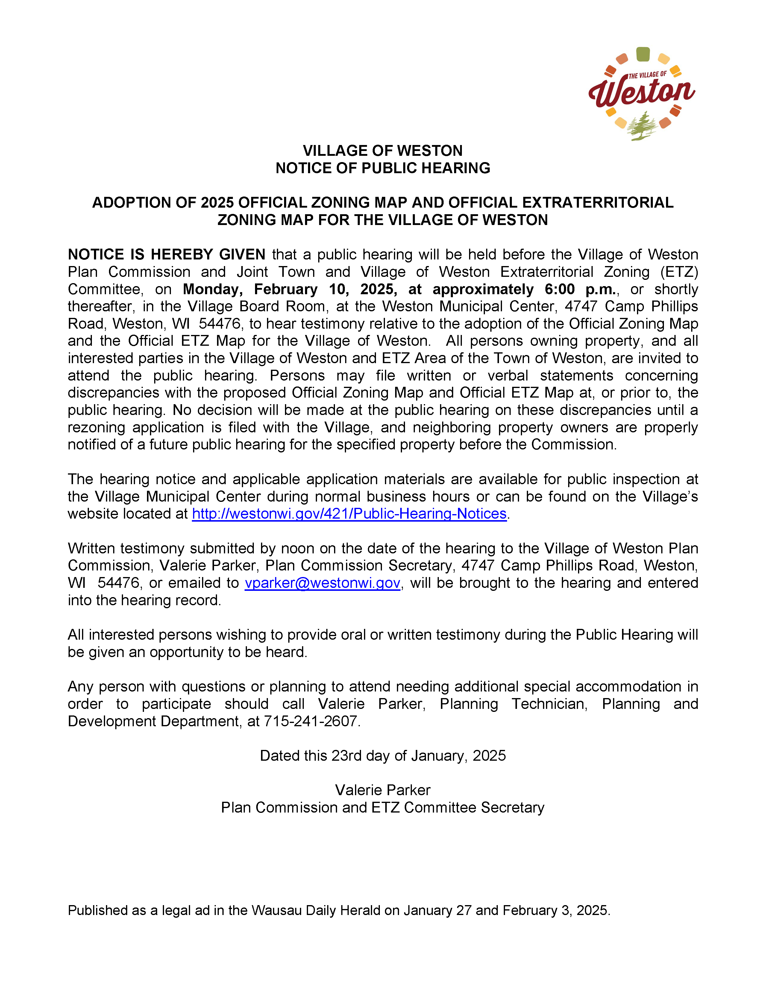 250210 Village Official Zoning Map Hearing Notice