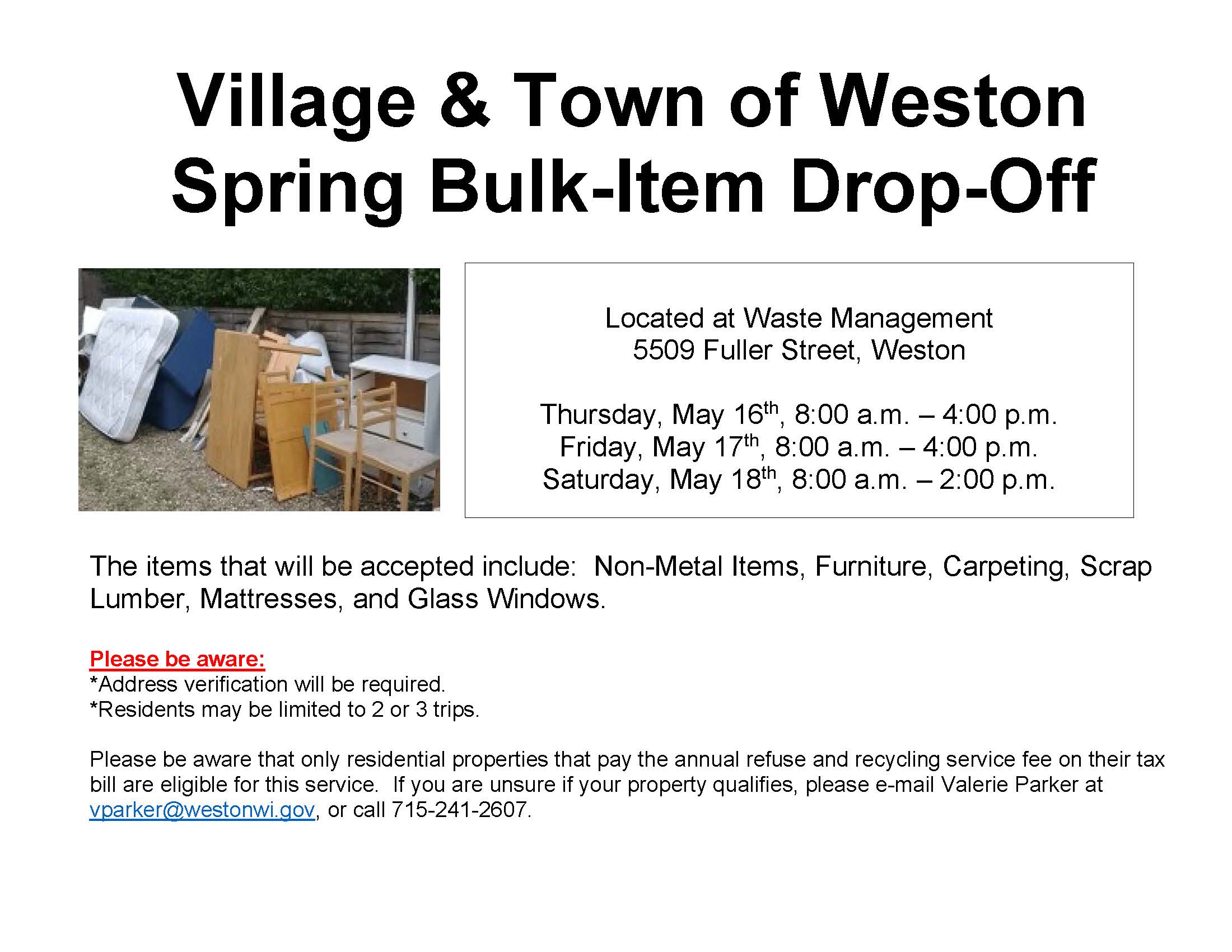 May 16-18, 2024 Spring Bulk-Item Drop-Off Flyer